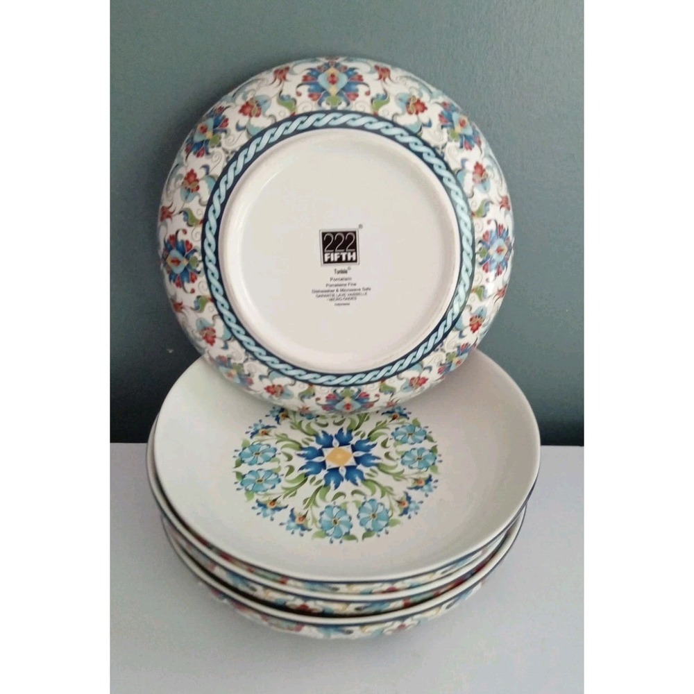 222 Fifth Tunisia Porcelain Floral Blue Shallow Serving Pasta Bowl 9.5" 4pcs Set